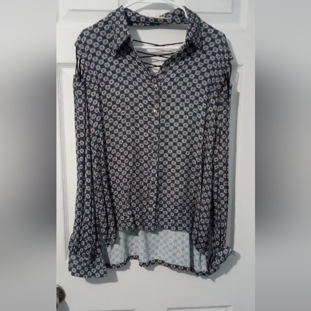 Gilded Intent Navy and White Patterned Blouse - Picture 1 of 5